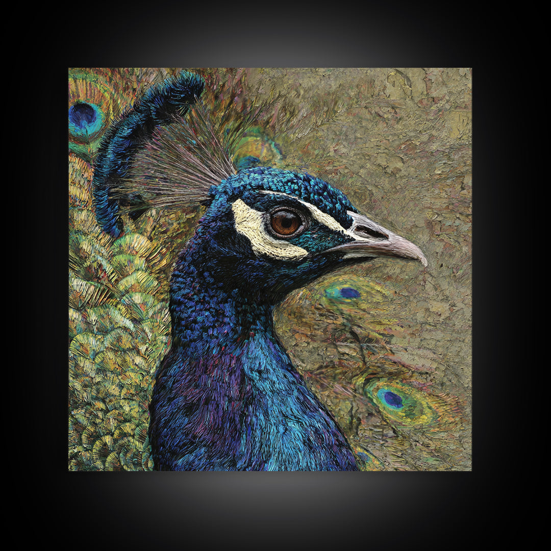 Peacock with Jewel Tone Feather Pattern Canvas Print, Bird Art, Modern Art, Living Room Decor, Fine Art, Flight, Floral Art, BIR-1x1-31