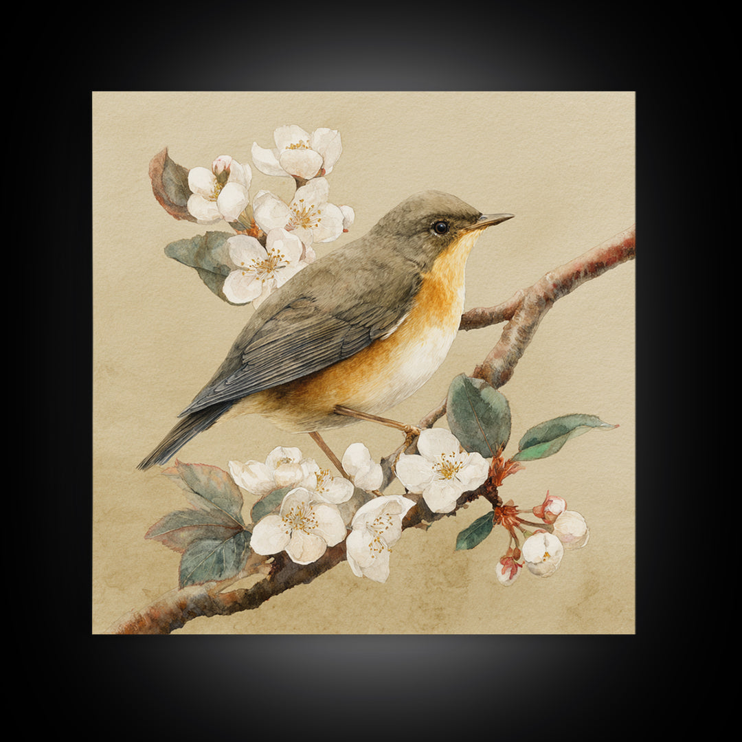 Songbird Perched on Cherry Blossoms Framed Canvas Print, Bird Art, Gallery Decor, Living Room Decor, Fine Art, Flight, BIR-1x1-32