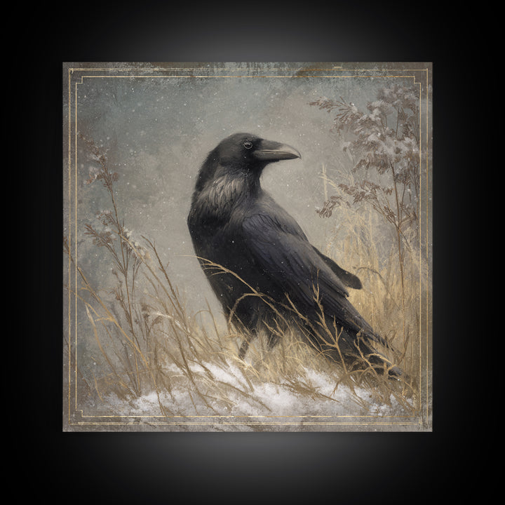 Raven Silhouette with Gothic Atmosphere Framed Canvas Print, Bird Art, Statement Artwork, Living Room Decor, Abstract Art, BIR-1x1-33