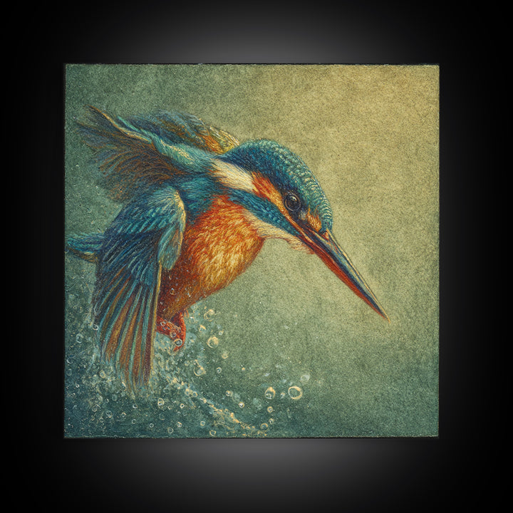 Kingfisher Diving Toward Blue Water Canvas Print, Bird Art, Botanical Wall Art, Living Room Decor, Flight, Forest Wall Art, BIR-1x1-35