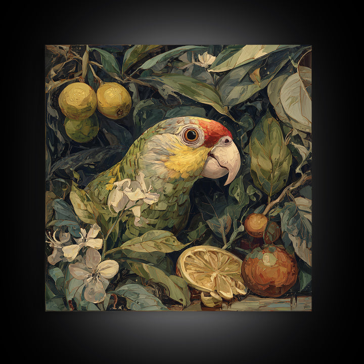Parrot Among Tropical Leaves and Fruit Framed Canvas Print, Bird Art, Forest Wall Art, Living Room Decor, Oil Painting, Flight, BIR-1x1-37