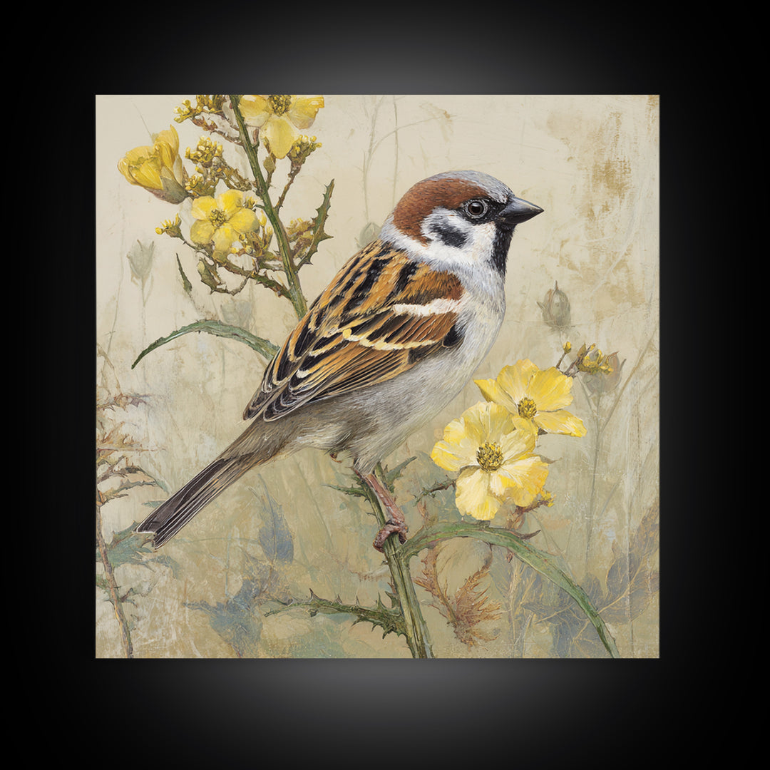 Small Sparrow on Wildflower Stem Framed Canvas Print, Bird Art, Nature Wall Art, Living Room Decor, Fine Art, Flight, BIR-1x1-38