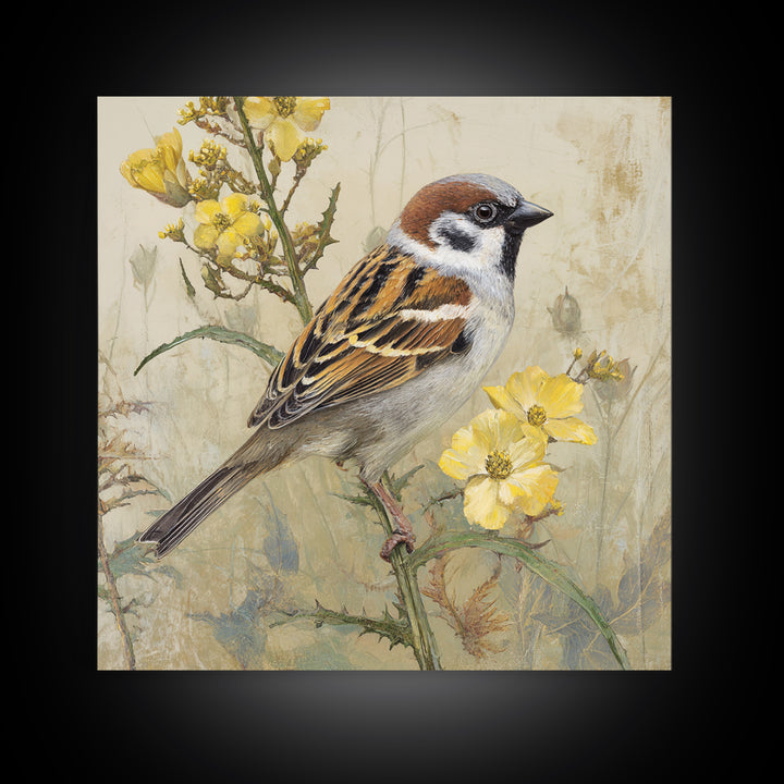 Small Sparrow on Wildflower Stem Framed Canvas Print, Bird Art, Nature Wall Art, Living Room Decor, Fine Art, Flight, BIR-1x1-38