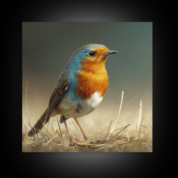 Robin in a Spring Garden with Soft Framed Canvas Print, Bird Art, Gallery Wall, Living Room Decor, Flight, Gallery Decor, BIR-1x1-39