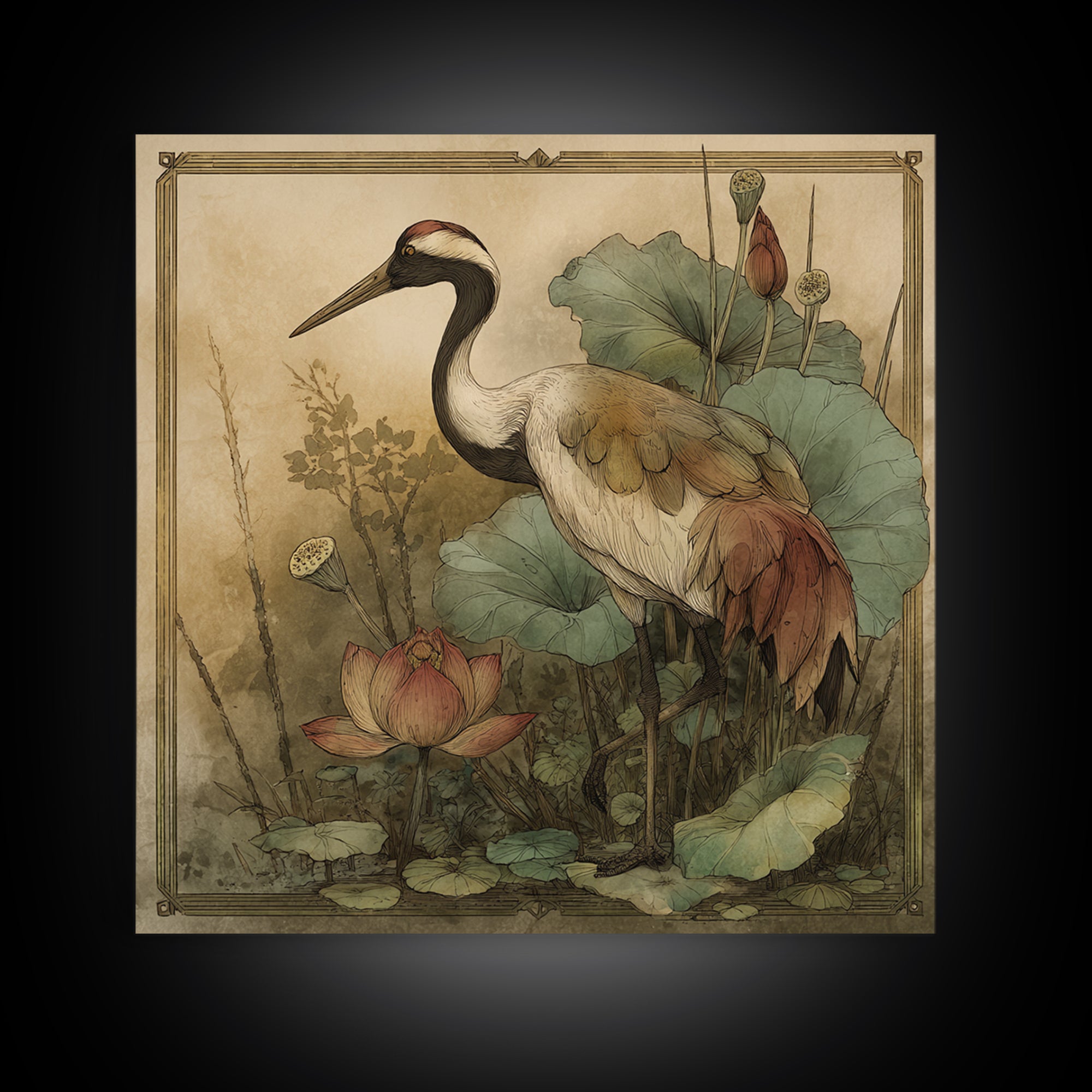 Crane and Lotus Composition Framed Canvas Print, Bird Art, Gallery Decor, Living Room Decor, Fine Art, Flight, Contemporary Art, BIR-1x1-41