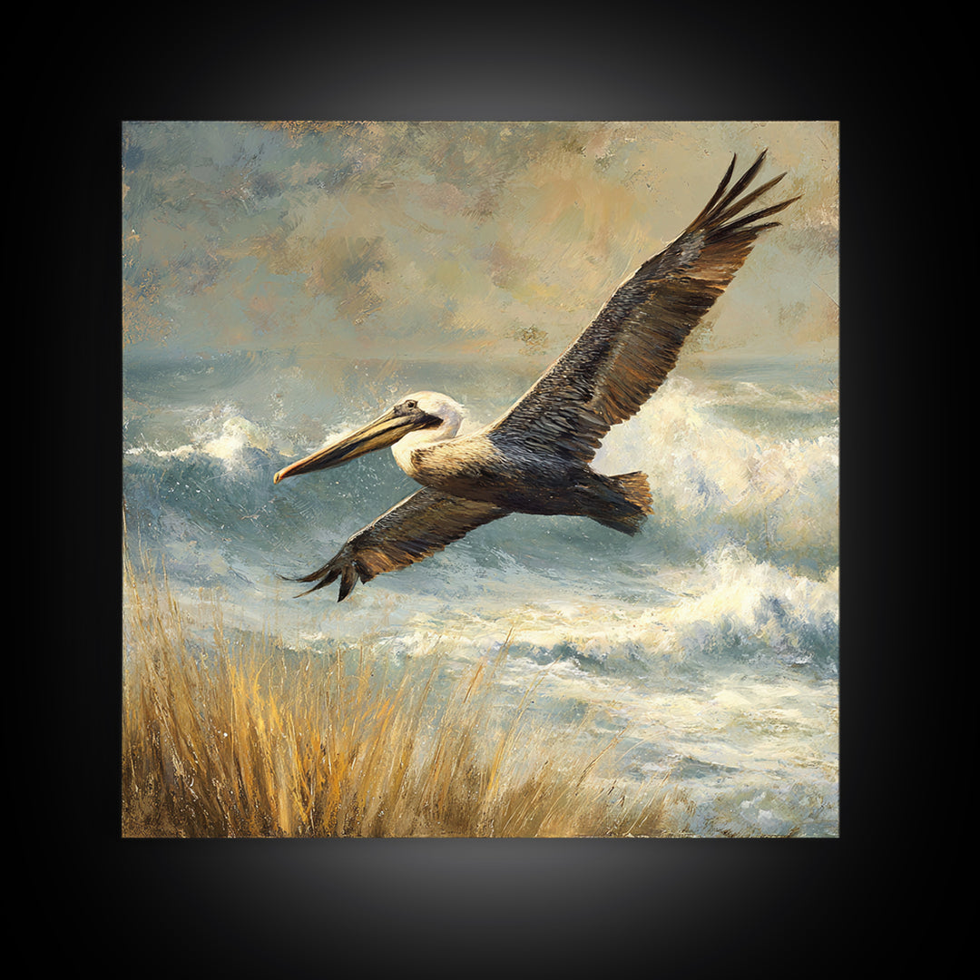 Pelican Flying over Coastal Waves Framed Canvas Print, Bird Art, Digital Download Art, Living Room Decor, Abstract Art, Flight, BIR-1x1-42