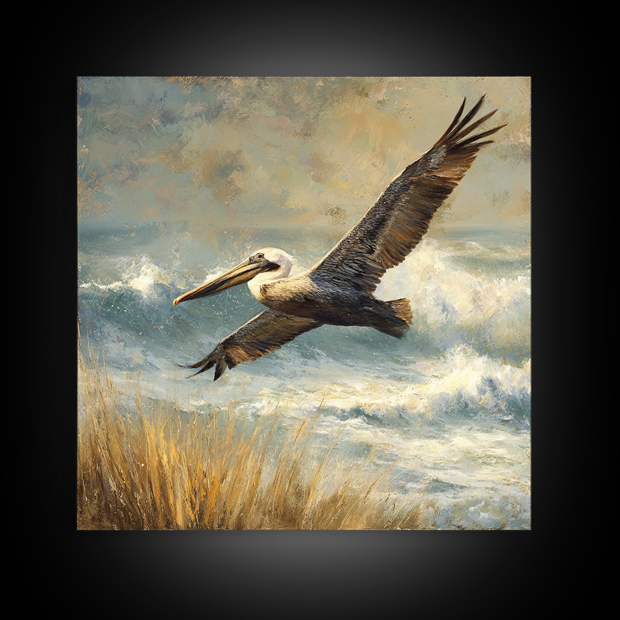 Pelican Flying over Coastal Waves Framed Canvas Print, Bird Art, Digital Download Art, Living Room Decor, Abstract Art, Flight, BIR-1x1-42