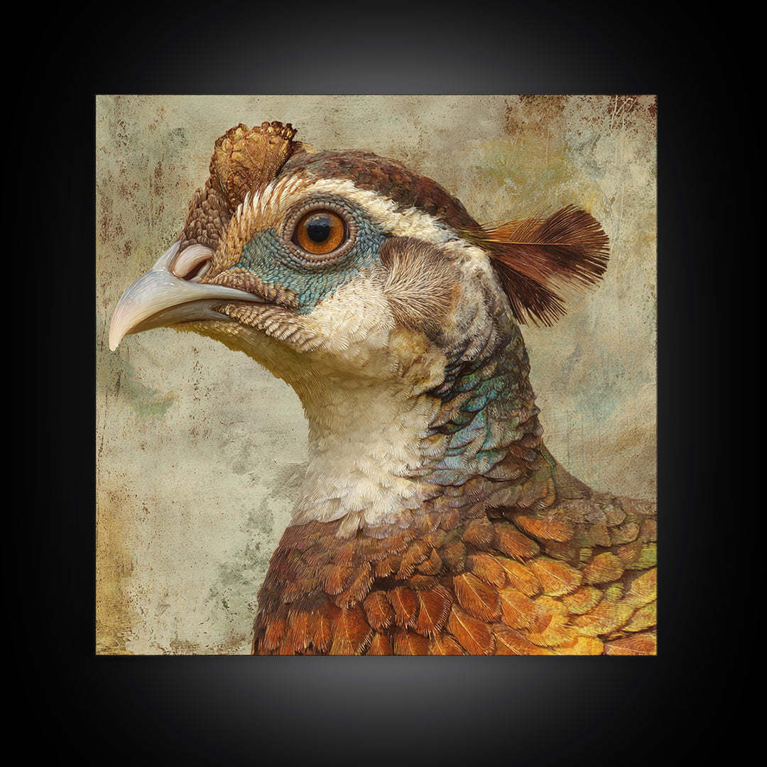Pheasant with Ornate Feather Details Framed Canvas Print, Bird Art, Mcm Decor, Living Room Decor, Oil Painting, Flight, BIR-1x1-43