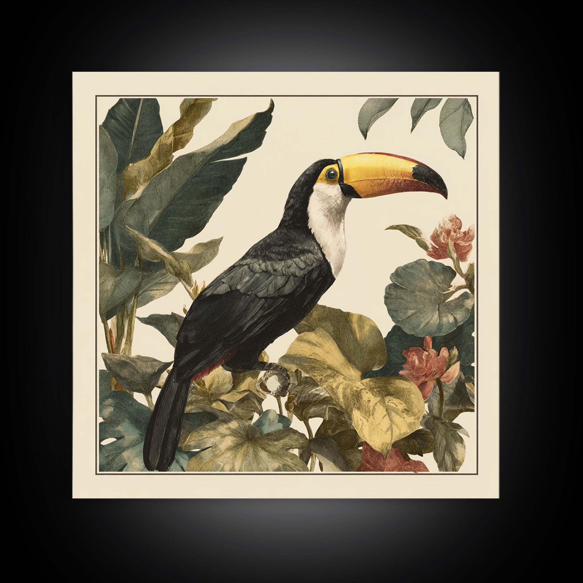 Toucan Framed by Bold Jungle Foliage Framed Canvas Print, Bird Art, Boho Wall Decor, Living Room Decor, Fine Art, Flight, BIR-1x1-47