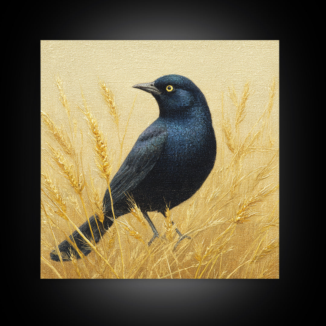 Blackbird on Gold Wheat Field Framed Canvas Print, Bird Art, Wall Decor, Living Room Decor, Fine Art, Flight, Boho Wall Decor, BIR-1x1-48