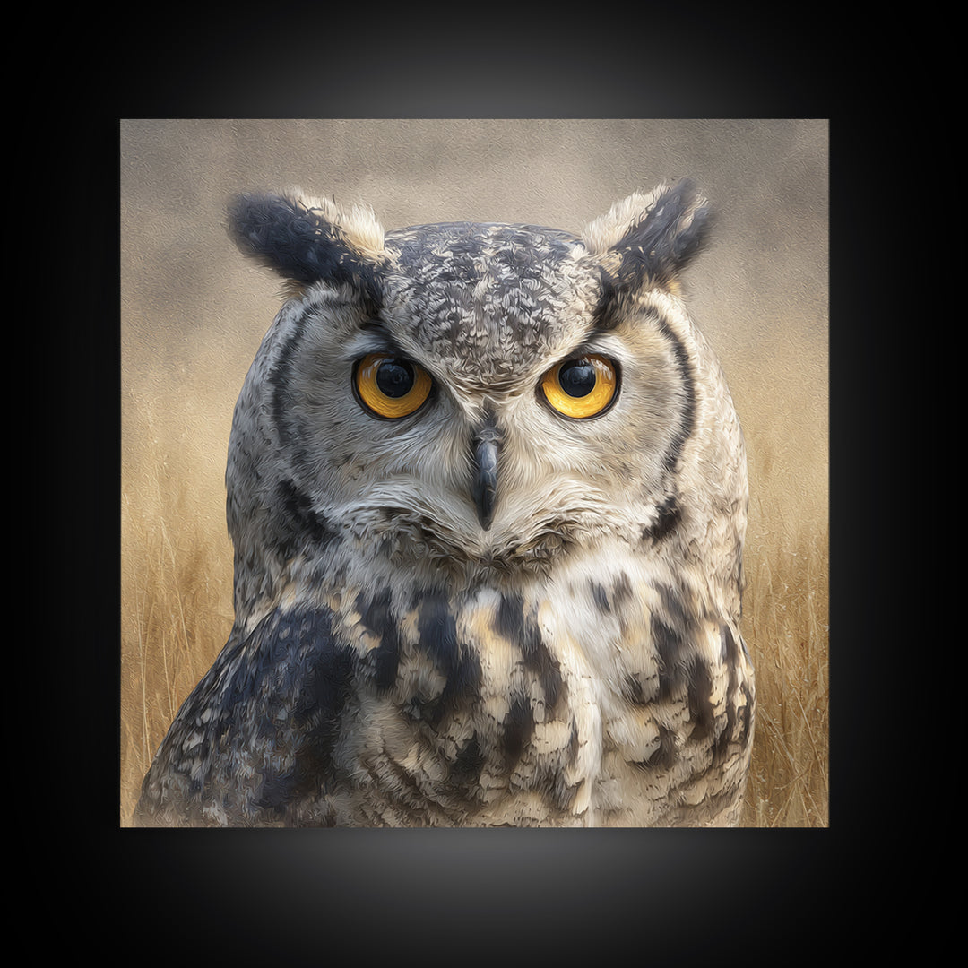 Owl Portrait with Wise Golden Eyes Canvas Print, Bird Art, Rustic Home Decor, Living Room Decor, Oil Painting, Flight, BIR-1x1-5
