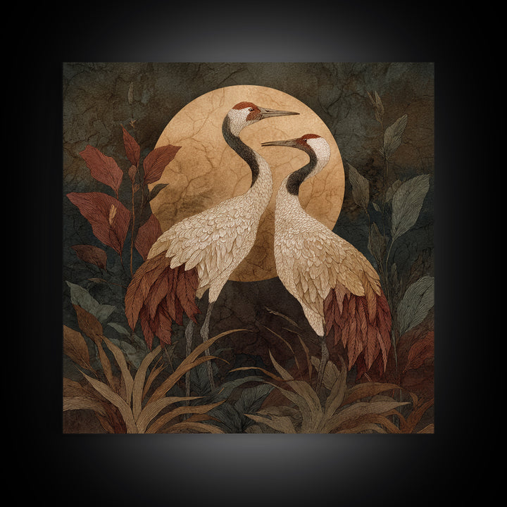 Pair of Cranes Dancing Framed Canvas Print, Bird Art, Nature Wall Art, Living Room Decor, Oil Painting, Flight, BIR-1x1-51