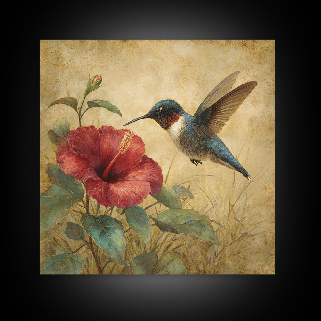Hummingbird Hovering Beside Bright Hibiscus Framed Canvas Print, Bird Art, Gallery Wall, Living Room Decor, Fine Art, Flight, BIR-1x1-52