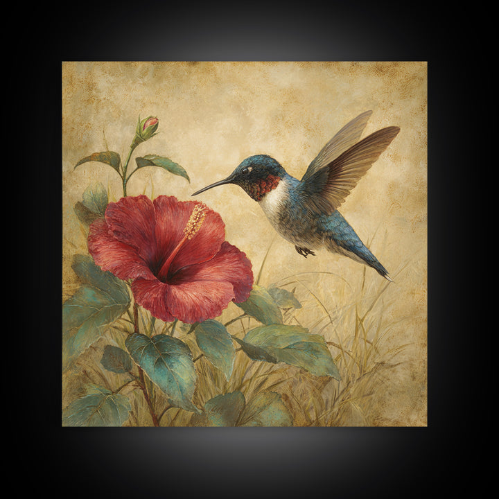 Hummingbird Hovering Beside Bright Hibiscus Framed Canvas Print, Bird Art, Gallery Wall, Living Room Decor, Fine Art, Flight, BIR-1x1-52