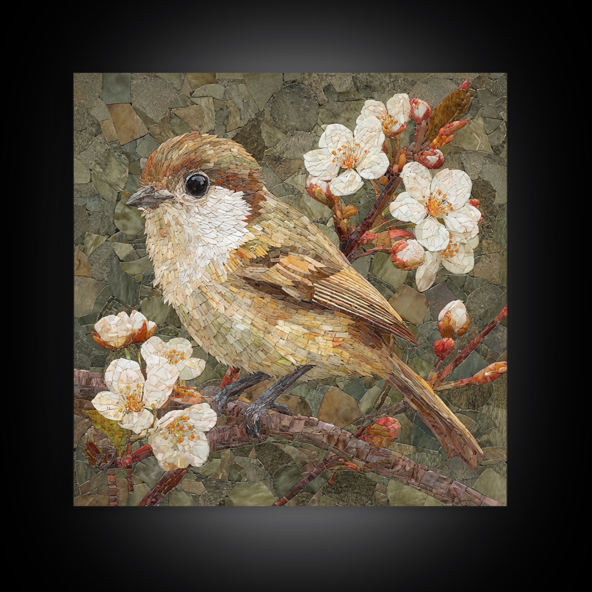 Songbird Perched on Cherry Blossoms Framed Canvas Print, Bird Art, Farmhouse Decor, Living Room Decor, Fine Art, Flight, BIR-1x1-56