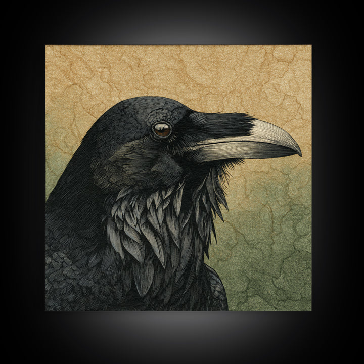Raven Silhouette with Gothic Atmosphere Framed Canvas Print, Bird Art, Statement Artwork, Living Room Decor, Abstract Art, BIR-1x1-57