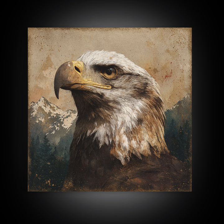 Eagle Portrait with Dramatic Mountain Wind Canvas Print, Bird Art, Bird Prints, Living Room Decor, Flight, Modern Decor, BIR-1x1-60