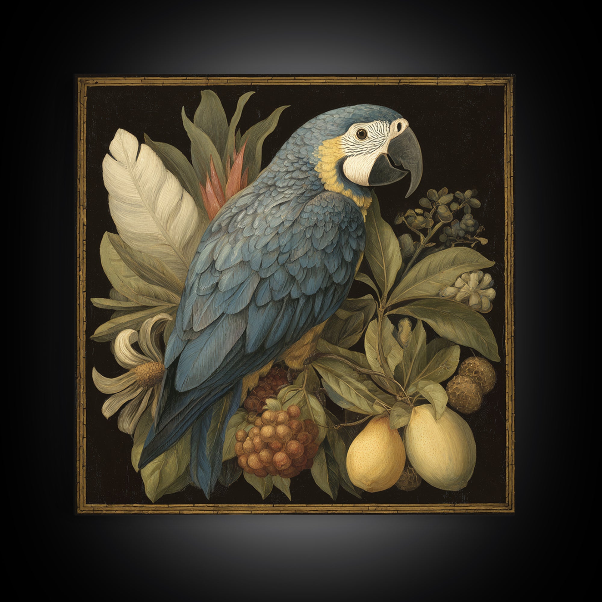 Parrot Among Tropical Leaves and Fruit Framed Canvas Print, Bird Art, Forest Wall Art, Living Room Decor, Oil Painting, Flight, BIR-1x1-61