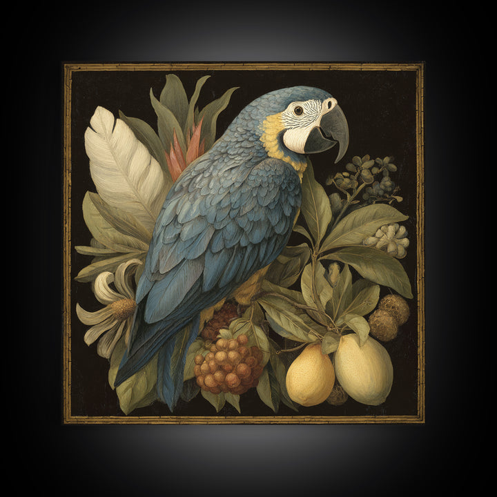 Parrot Among Tropical Leaves and Fruit Framed Canvas Print, Bird Art, Forest Wall Art, Living Room Decor, Oil Painting, Flight, BIR-1x1-61