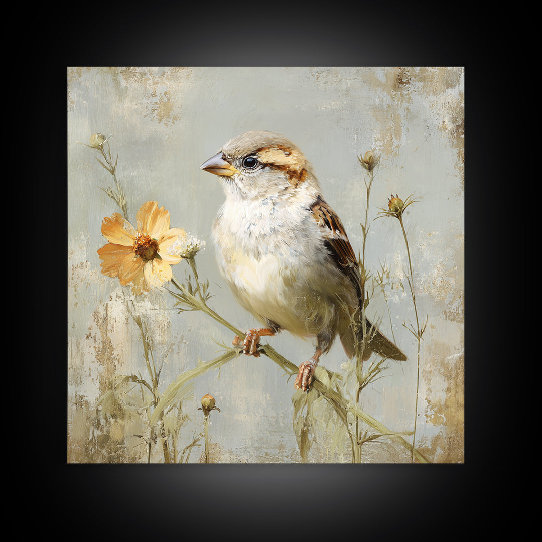 Small Sparrow on Wildflower Stem Framed Canvas Print, Bird Art, Nature Wall Art, Living Room Decor, Fine Art, Flight, BIR-1x1-62