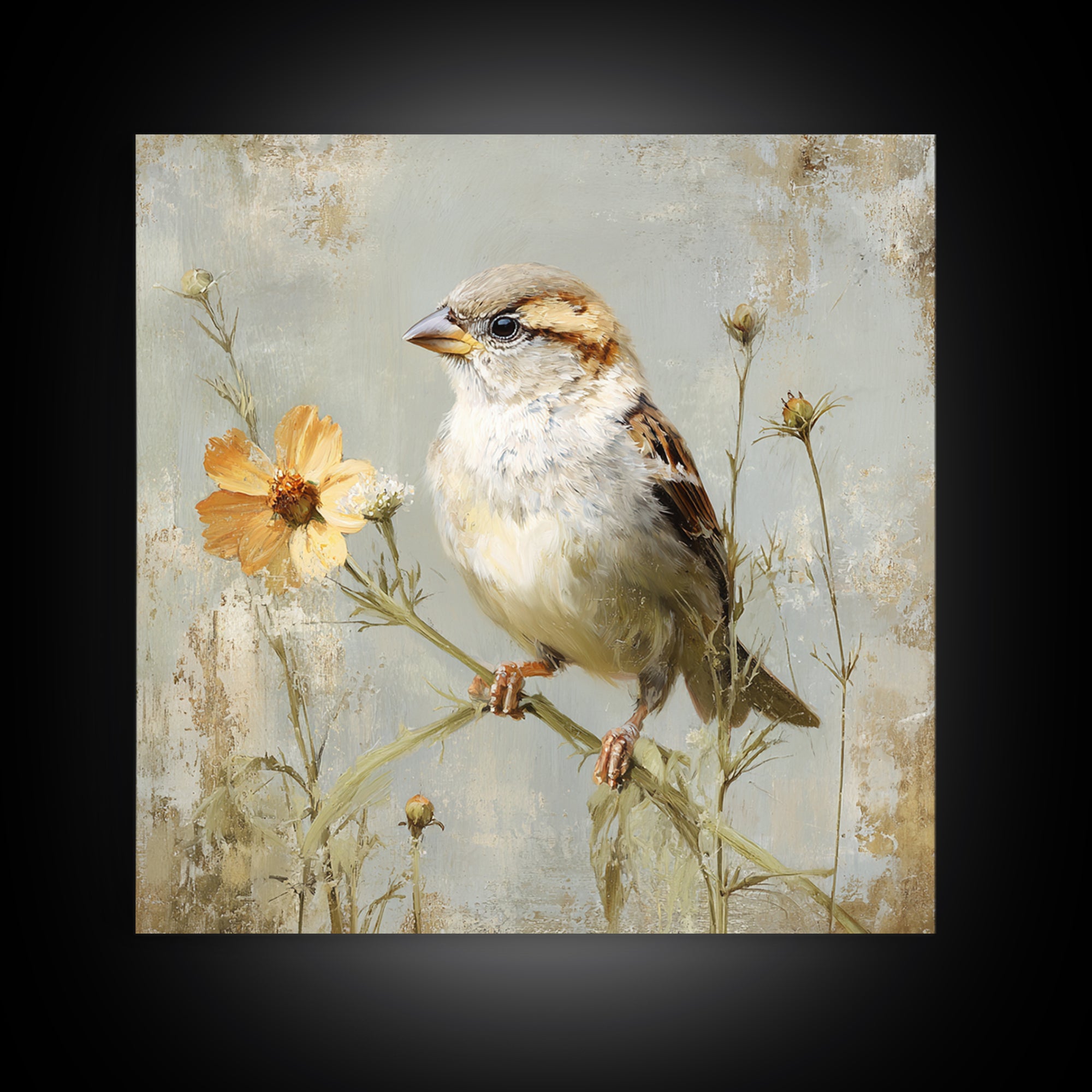 Small Sparrow on Wildflower Stem Framed Canvas Print, Bird Art, Nature Wall Art, Living Room Decor, Fine Art, Flight, BIR-1x1-62