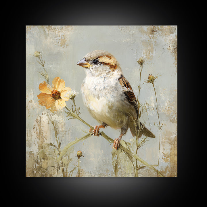 Small Sparrow on Wildflower Stem Framed Canvas Print, Bird Art, Nature Wall Art, Living Room Decor, Fine Art, Flight, BIR-1x1-62