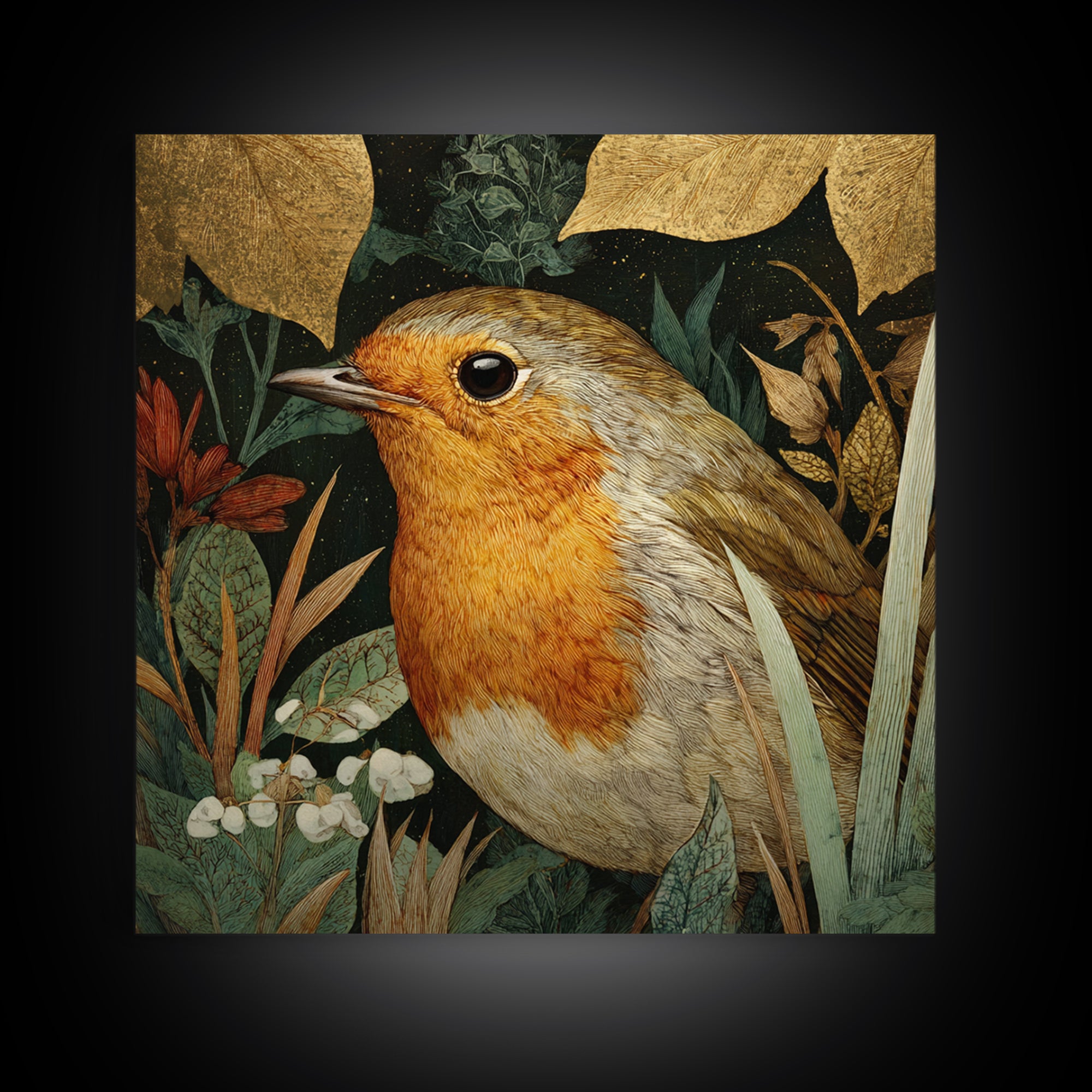 Robin in a Spring Garden with Soft Framed Canvas Print, Bird Art, Forest Wall Art, Living Room Decor, Oil Painting, Flight, BIR-1x1-63