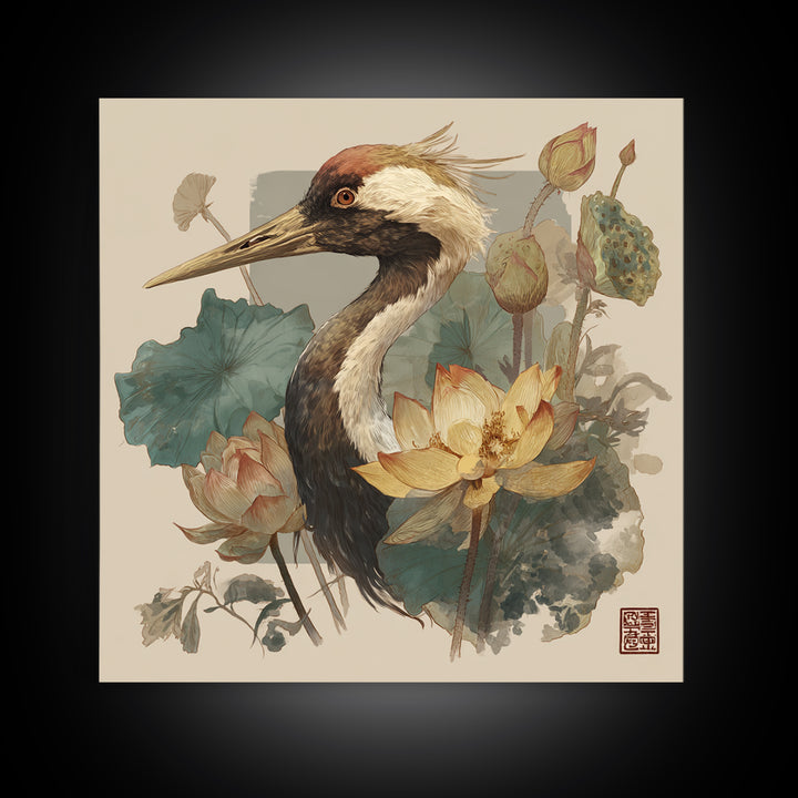 Crane and Lotus Composition Framed Canvas Print, Bird Art, Gallery Decor, Living Room Decor, Fine Art, Flight, Contemporary Art, BIR-1x1-65