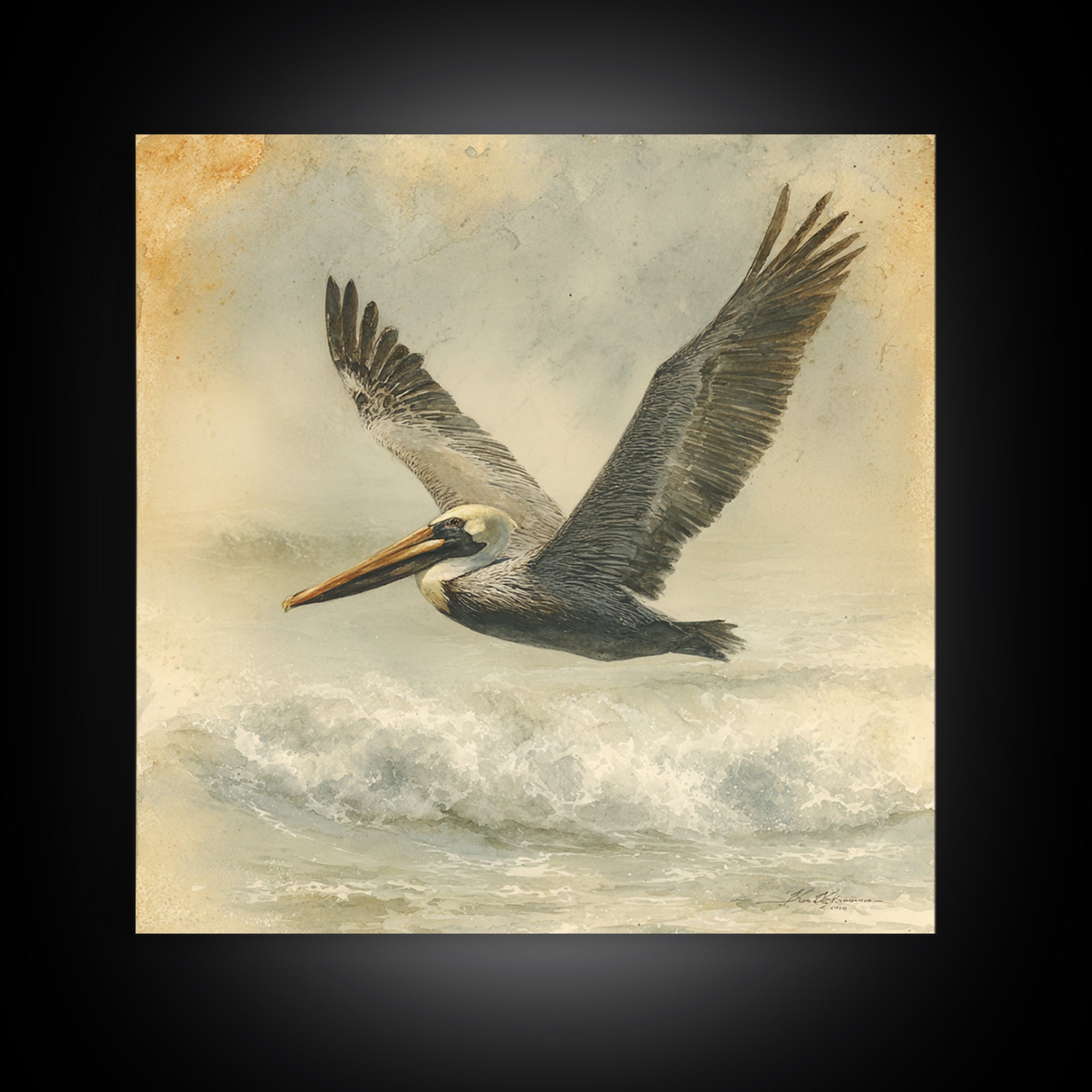 Pelican Flying over Coastal Waves Framed Canvas Print, Bird Art, Digital Download Art, Living Room Decor, Abstract Art, Flight, BIR-1x1-66