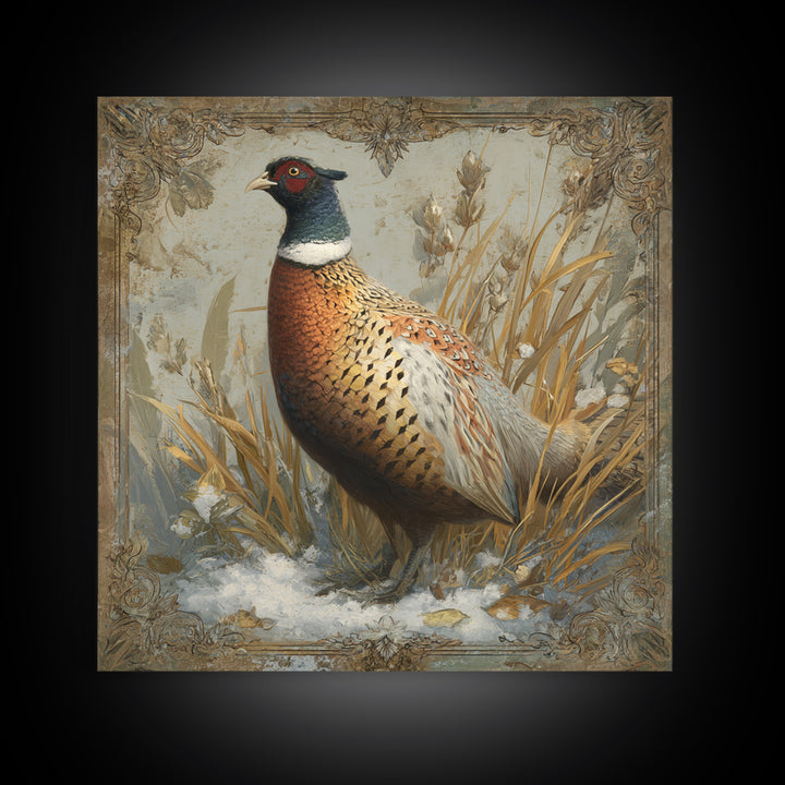 Pheasant with Ornate Feather Details Framed Canvas Print, Bird Art, Gallery Decor, Living Room Decor, Fine Art, Flight, BIR-1x1-67