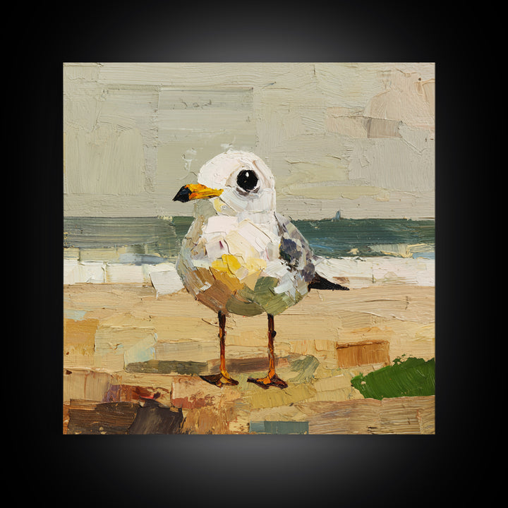 Seagulls Above a Pale Beach Horizon Framed Canvas Print, Bird Art, Digital Download Art, Living Room Decor, Oil Painting, BIR-1x1-68