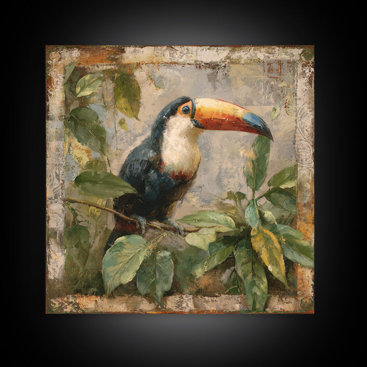 Toucan Framed by Bold Jungle Foliage Framed Canvas Print, Bird Art, Bird Wall Art, Living Room Decor, Fine Art, Flight, BIR-1x1-71