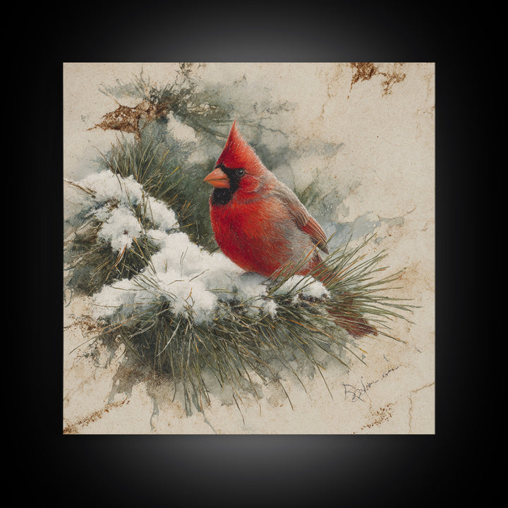Red Cardinal on Snowy Pine Branch Framed Canvas Print, Bird Art, Art Print, Living Room Decor, Fine Art, Flight, Original Art, BIR-1x1-73