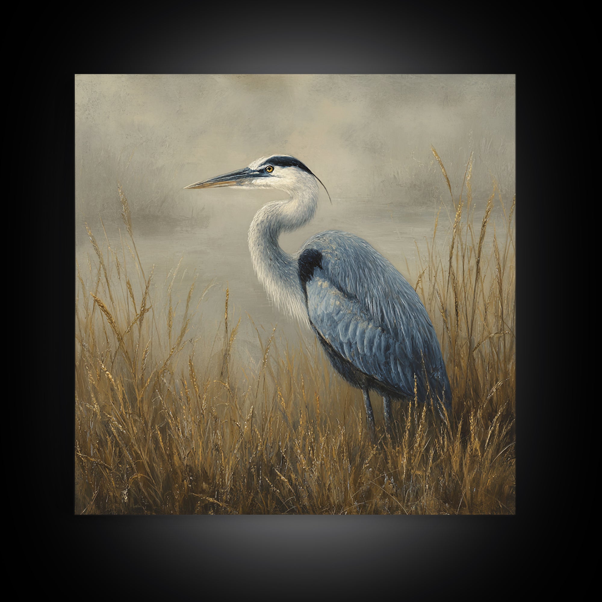 Blue Heron in Misty Marsh Grass Framed Canvas Print, Bird Art, Forest Wall Art, Living Room Decor, Flight, Minimalist Decor, BIR-1x1-74