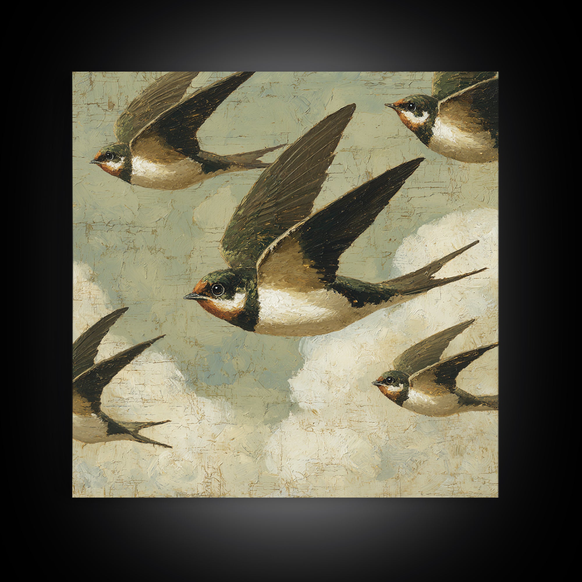 Flock of Swallows Sweeping Across Open Sky Framed Canvas Print, Bird Art, Gallery Decor, Living Room Decor, Fine Art, Flight, BIR-1x1-78