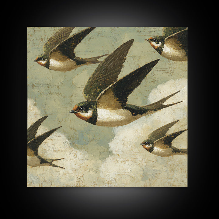 Flock of Swallows Sweeping Across Open Sky Framed Canvas Print, Bird Art, Gallery Decor, Living Room Decor, Fine Art, Flight, BIR-1x1-78