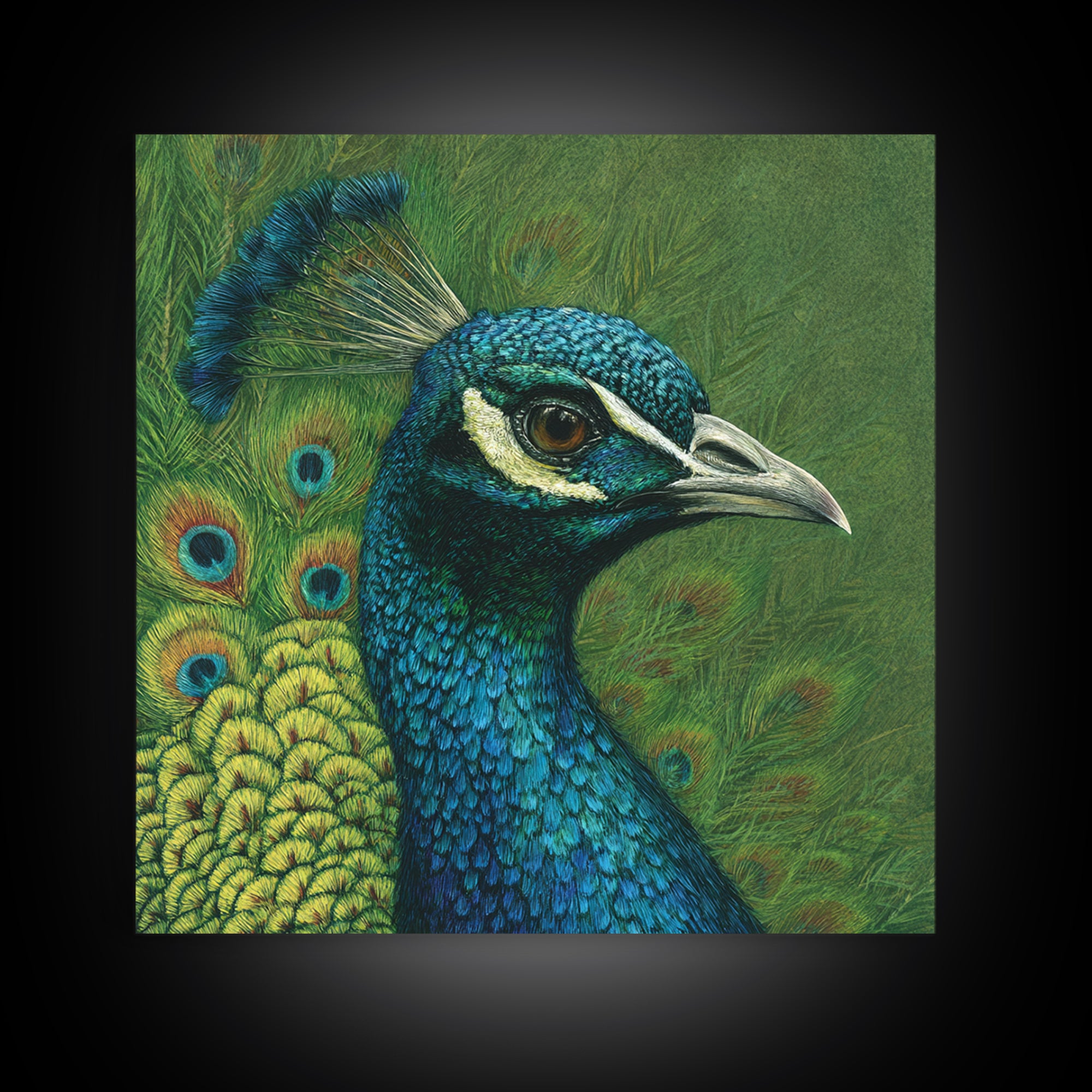 Peacock with Jewel Tone Feather Pattern Framed Canvas Print, Bird Art, Fine Art Print, Living Room Decor, Oil Painting, Flight, BIR-1x1-79