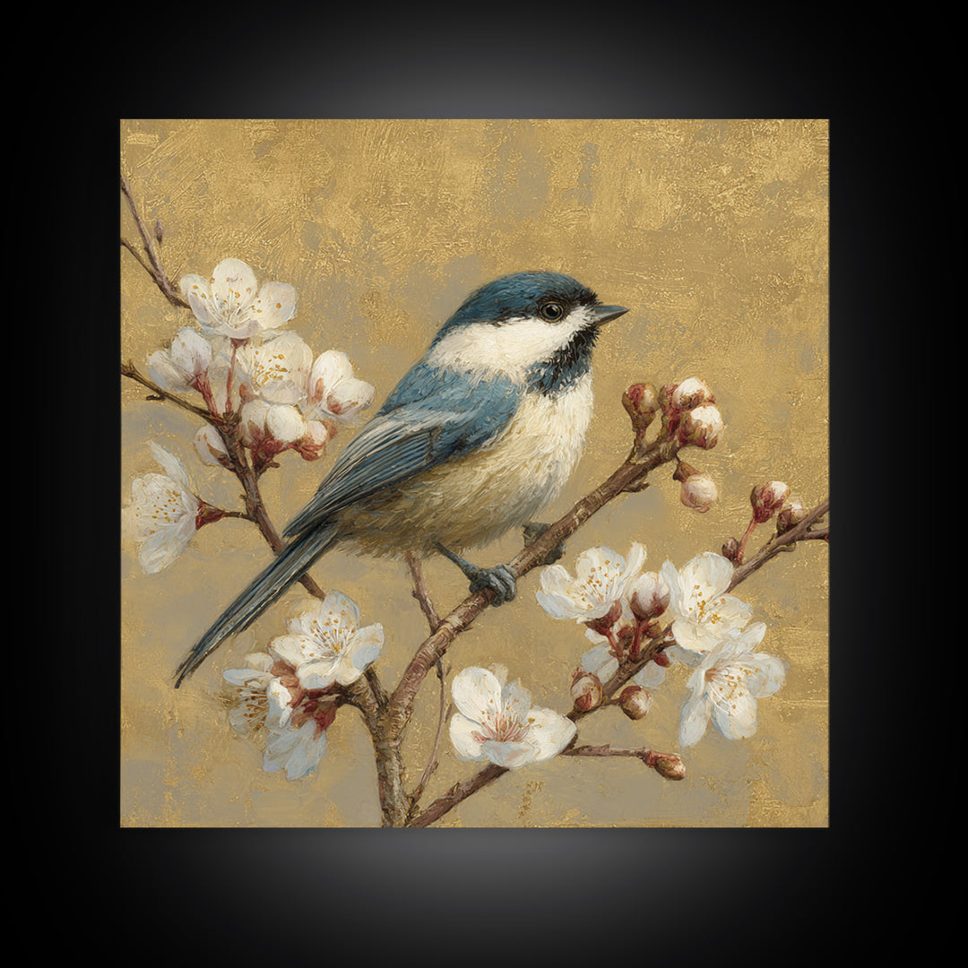 Songbird Perched on Cherry Blossoms Framed Canvas Print, Bird Art, Digital Print, Living Room Decor, Fine Art, Flight, BIR-1x1-8
