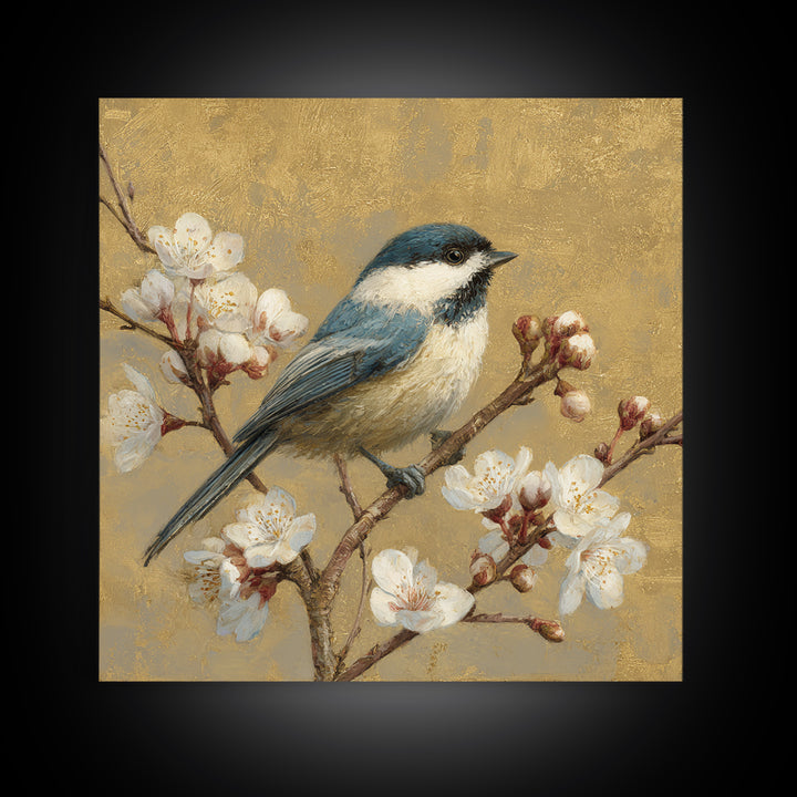 Songbird Perched on Cherry Blossoms Framed Canvas Print, Bird Art, Digital Print, Living Room Decor, Fine Art, Flight, BIR-1x1-8