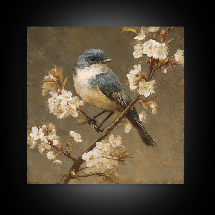 Songbird Perched on Cherry Blossoms Framed Canvas Print, Bird Art, Modern Decor, Living Room Decor, Fine Art, Flight, BIR-1x1-80