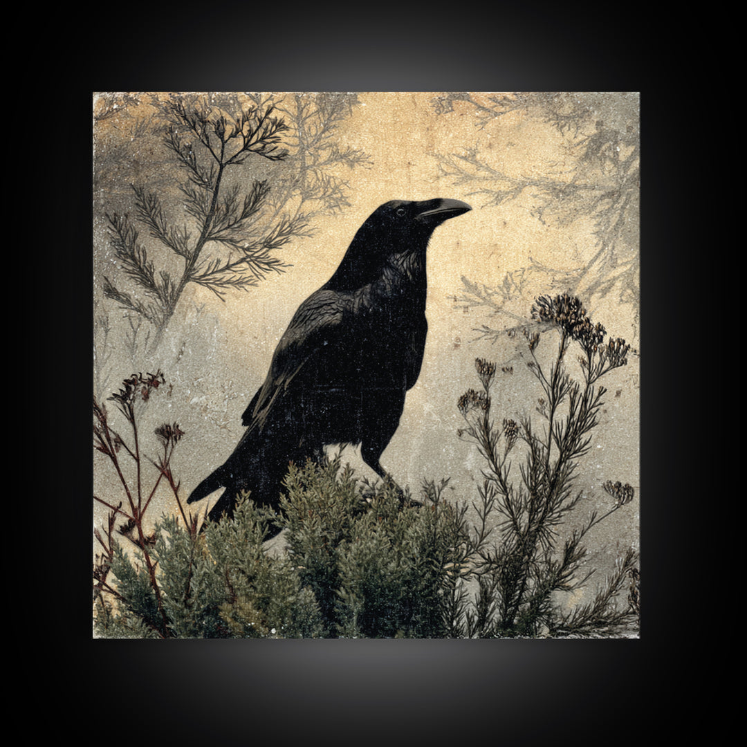 Raven Silhouette with Gothic Atmosphere Canvas Print, Bird Art, Textured Painting, Living Room Decor, Fine Art, Flight, BIR-1x1-81
