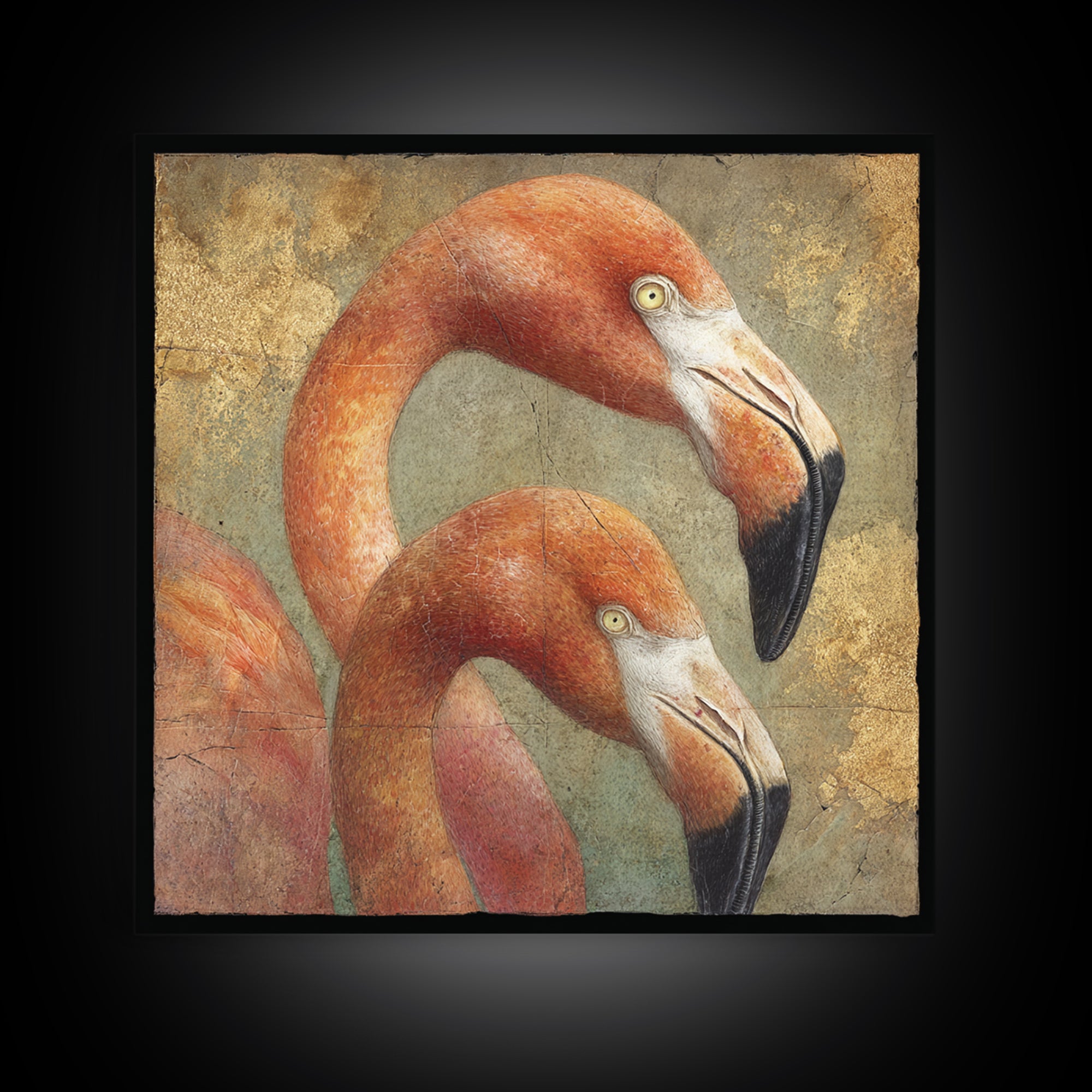 Flamingo Pair in Coral Water Reflections Canvas Print, Bird Art, Neutral Decor, Living Room Decor, Oil Painting, Flight, BIR-1x1-82