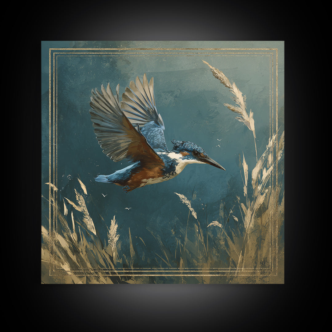 Kingfisher Diving Toward Blue Water Framed Canvas Print, Bird Art, Statement Artwork, Living Room Decor, Fine Art, Flight, BIR-1x1-83