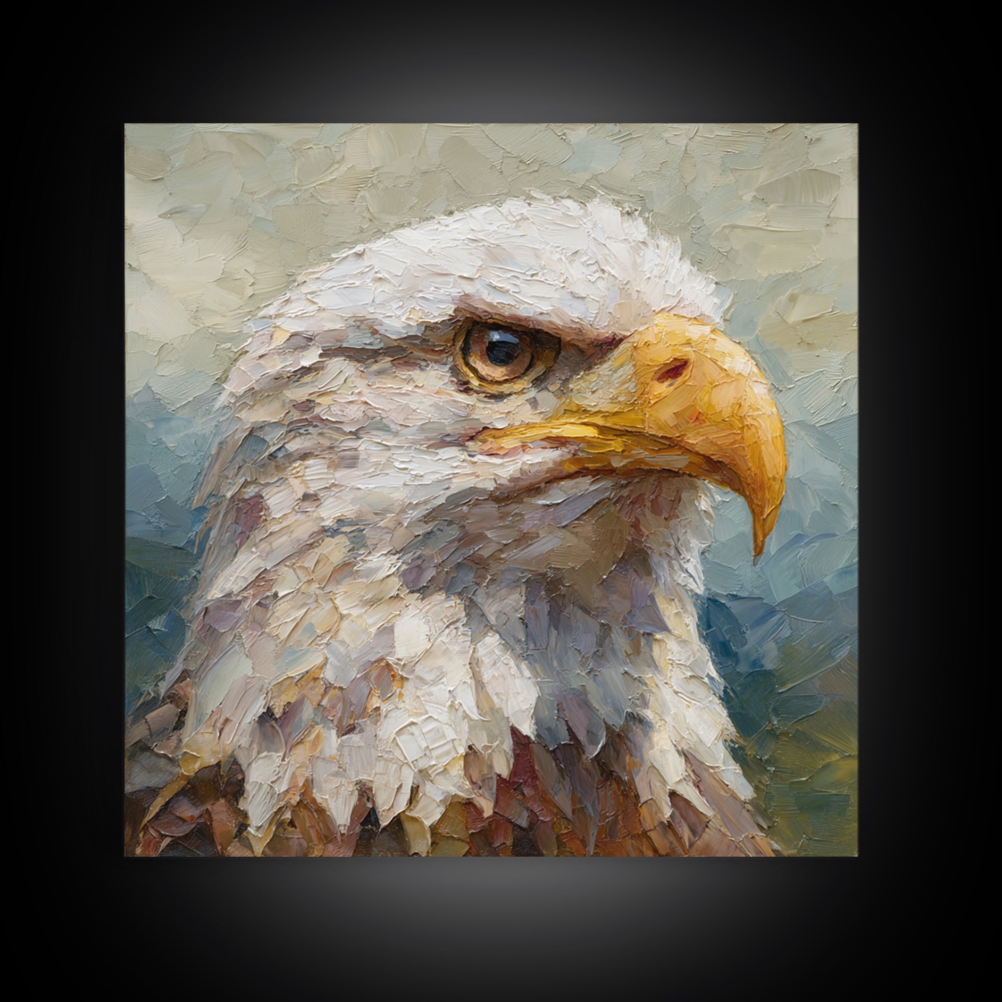 Eagle Portrait with Dramatic Mountain Wind Framed Canvas Print, Bird Art, Bird Wall Art, Living Room Decor, Fine Art, Flight, BIR-1x1-84