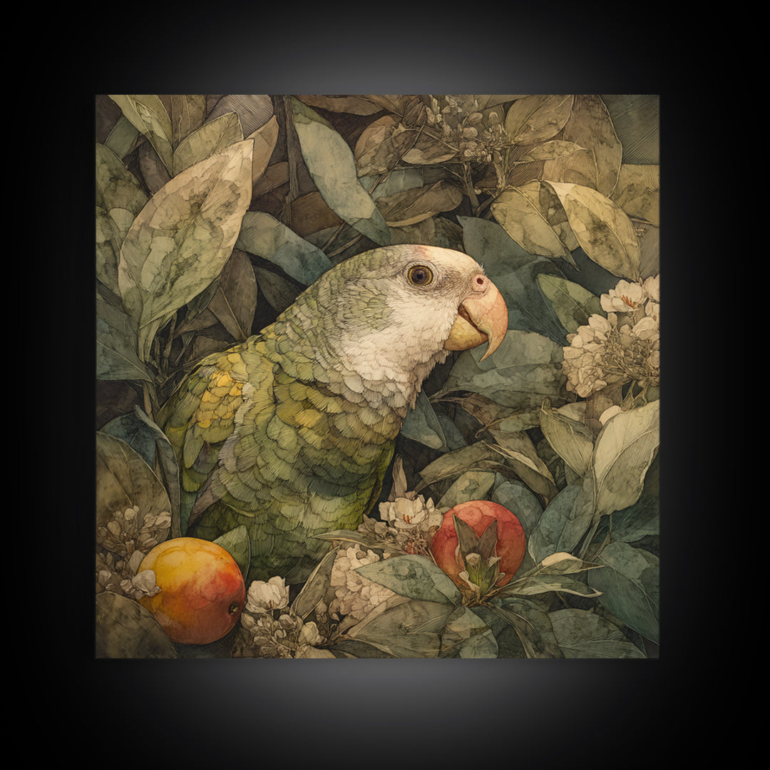 Parrot Among Tropical Leaves and Fruit Canvas Print, Bird Art, Boho Decor, Living Room Decor, Fine Art, Flight, BIR-1x1-85