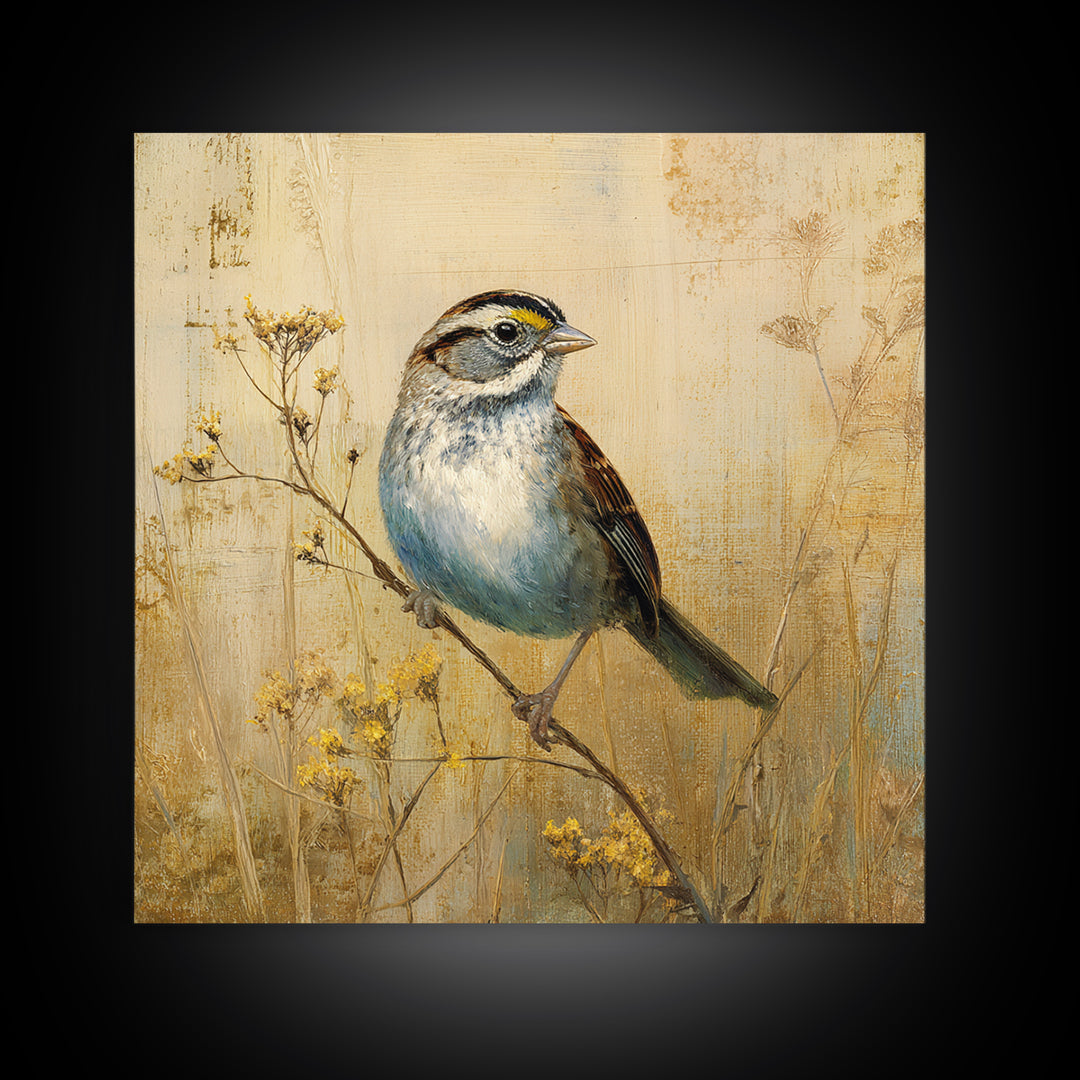 Small Sparrow on Wildflower Stem Canvas Print, Bird Art, Modern Decor, Living Room Decor, Oil Painting, Flight, Home Decor, BIR-1x1-86