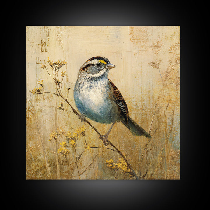 Small Sparrow on Wildflower Stem Canvas Print, Bird Art, Modern Decor, Living Room Decor, Oil Painting, Flight, Home Decor, BIR-1x1-86