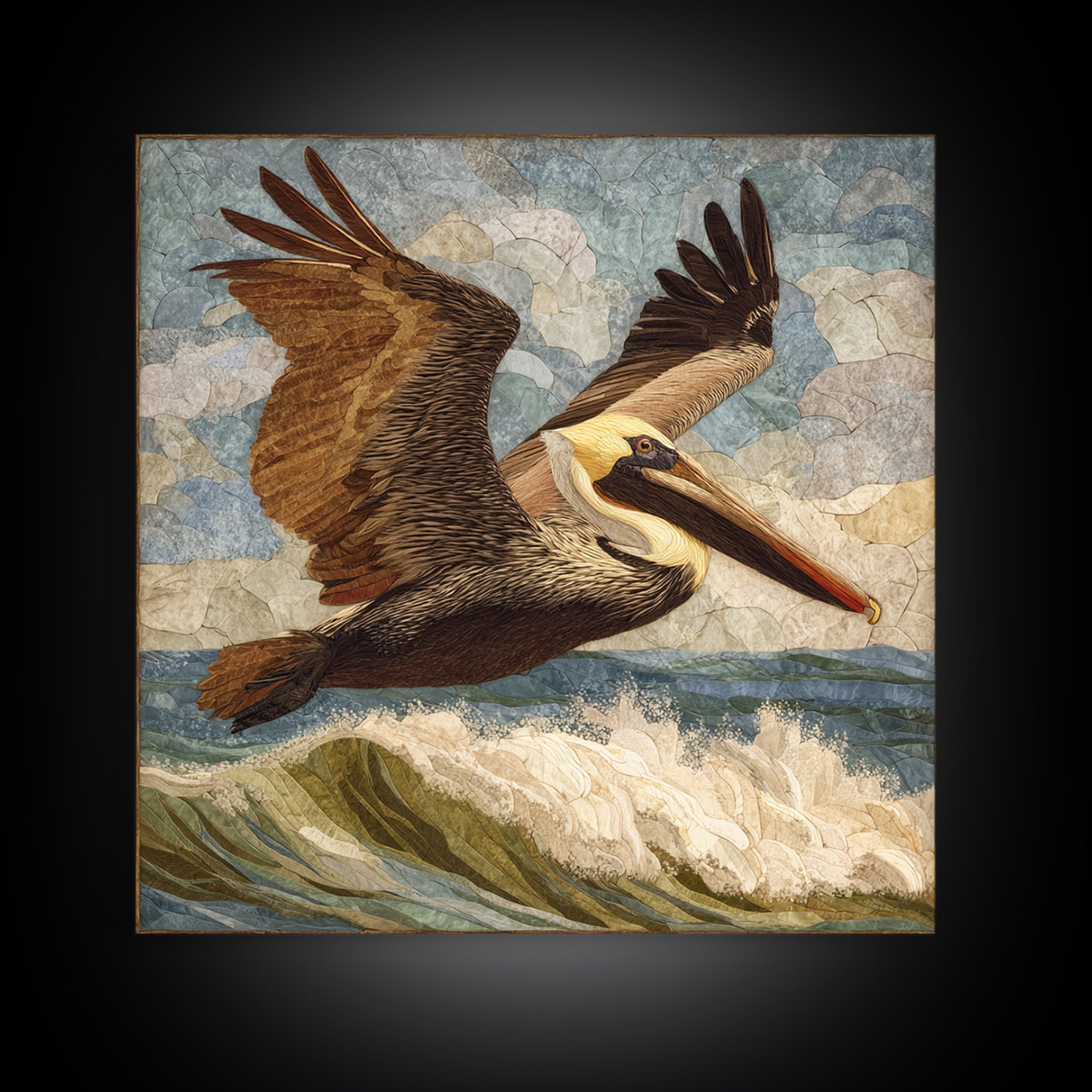 Pelican Flying over Coastal Waves Canvas Print, Bird Art, Rustic Home Decor, Living Room Decor, Fine Art, Flight, BIR-1x1-90