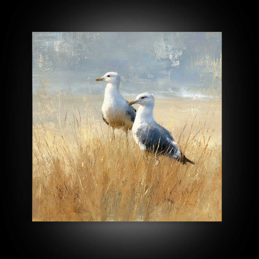 Seagulls Above a Pale Beach Horizon Canvas Print, Bird Art, Rustic Home Decor, Living Room Decor, Fine Art, Flight, BIR-1x1-92