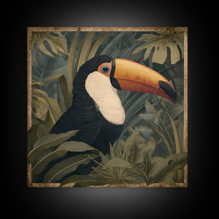 Toucan Framed by Bold Jungle Foliage Canvas Print, Bird Art, Neutral Decor, Living Room Decor, Fine Art, Flight, Wall Art, BIR-1x1-95